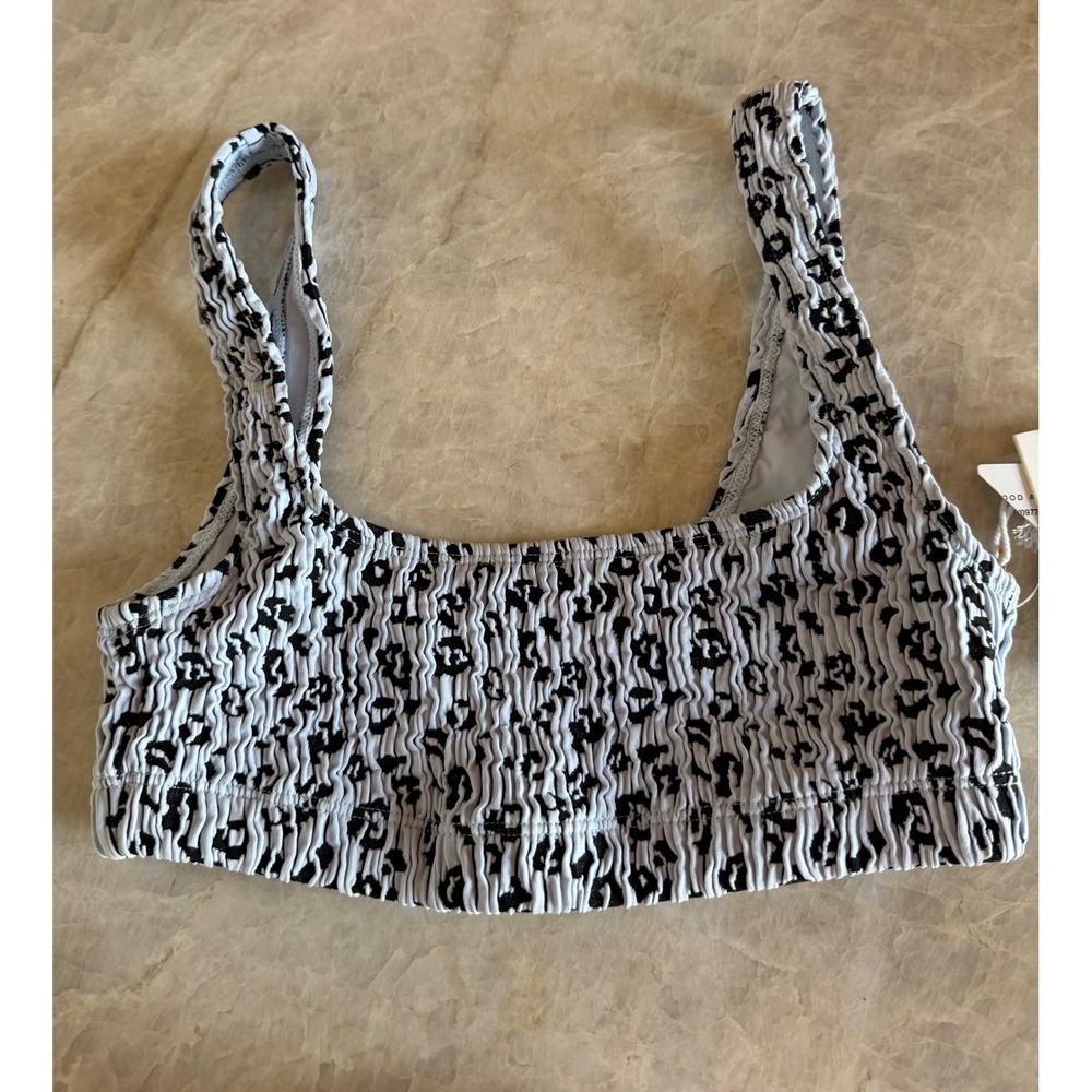 NWT Good American Always Fits Smocked Bikini Top Leopard Print S/M Lt Blue